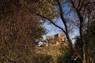Ruins of an ancient castle amidst lush trees in a serene landscape during the daytime