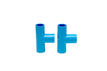 Blue PVC pipe T-joints pair on white background, plumbing connector parts