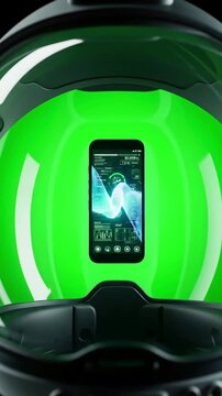 Future Technology with view through the helmet astronaut using his mobile phone during spacewalk green screen chroma key earth in background distortion, overlay, glitch, static noise, scan lines on