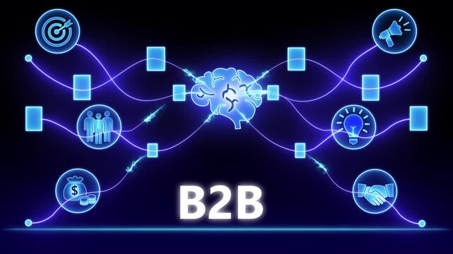 Business to business concept with B2 B text and interconnected icons representing strategy finance communication and ideas