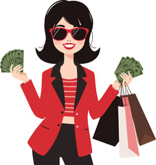 a woman holding cash bills and shopping bags