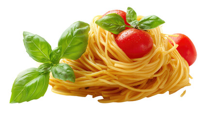Delicious spaghetti pasta noodles served with tasty sauce, aromatic seasonings and appetizing Italian cuisine presentation on clean white background
