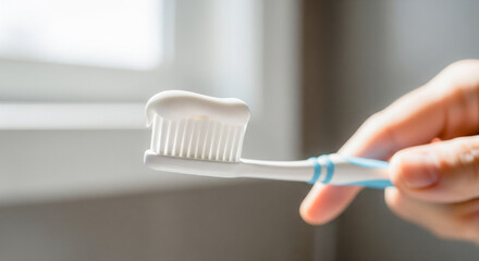 Close up hands squeezing toothpaste onto toothbrush morning routine bathroom hygiene dental care clean copy space
