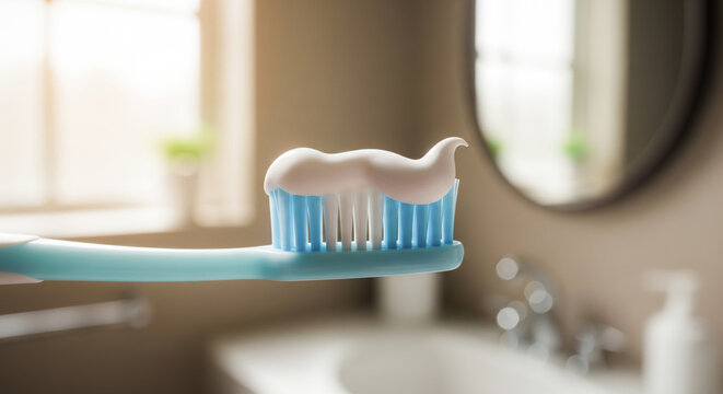 Close up hands squeezing toothpaste onto toothbrush morning routine bathroom hygiene dental care clean copy space