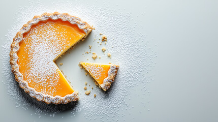 Top view of orange pie with a slice cut out and dusted with powdered sugar, on light gray background with space for text. Banner for dessert, bakery, cafe menu, or promotion
