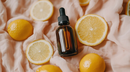 Glass serum bottle surrounded by fresh lemons on pastel fabric. Concept for vitamin C skincare products