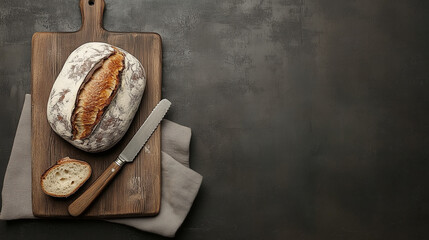 Rustic artisan bread on wooden cutting board with knife, flatlay on dark background with empty space
