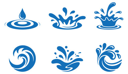 Naklejka premium Blue Water Splash Icons Set – Liquid Drop, Wave, and Fluid Motion Symbols