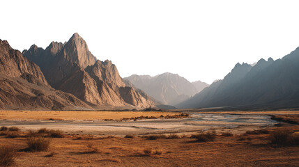 Beautiful desert landscape in Skardu surrounded by majestic mountains, golden sand dunes and scenic natural valley views under clear blue sky
