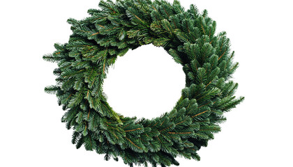 A lush green christmas wreath made of fir branches against a stark black background with a circular hole