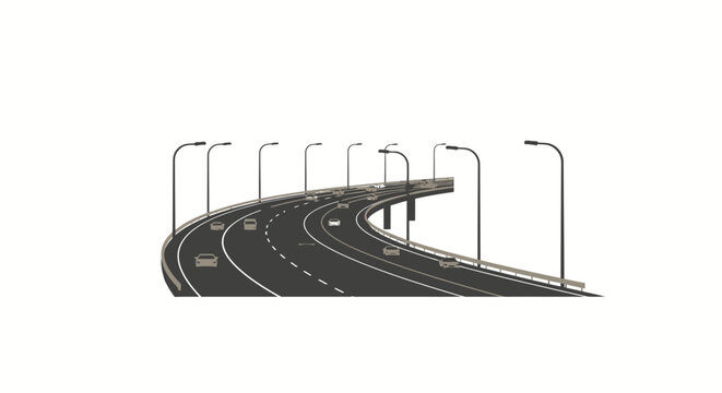 Curving highway road with street lights and vehicles on the asphalt surface.