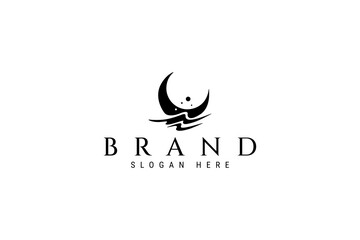 crescent moon logo on waves with splash effect in flat design style
