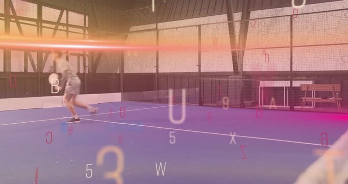 Man entering blue padel court initiating digital training overlay while practicing backhand swing