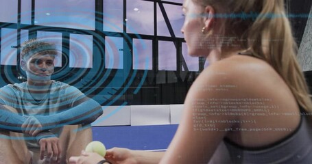 Male athlete on blue court facing coach, receiving pulsing mental graphics and catching tennis ball - Powered by Adobe