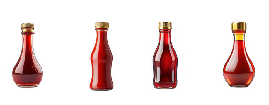 Four small glass bottles filled with dark red liquid, isolated on transparent background