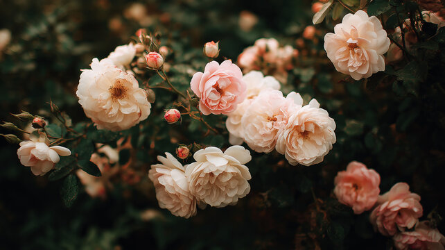 Closeup of pale pink and cream roses with intricate petals, set against a blurred dark green background, highlighting their delicate beauty - Powered by Adobe