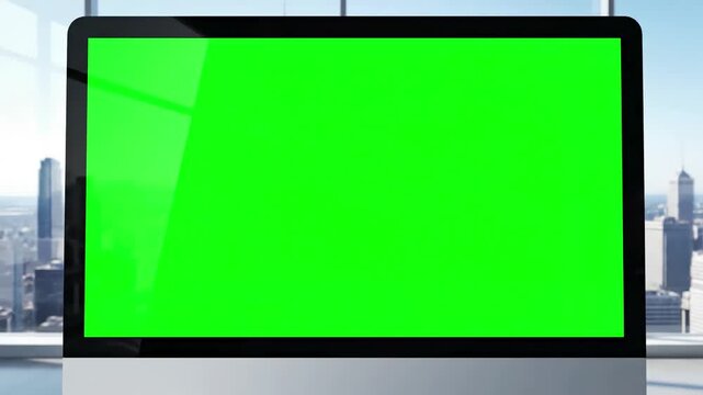 Chroma Key Application with desktop computer monitor mock up green screen display standing on the desk in modern business office background glass wall big city zoom shot distortion, overlay, glitch