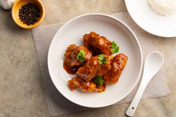 Braised Pork Baby Back Ribs or pork cartilage with Honey sauce.Top view.