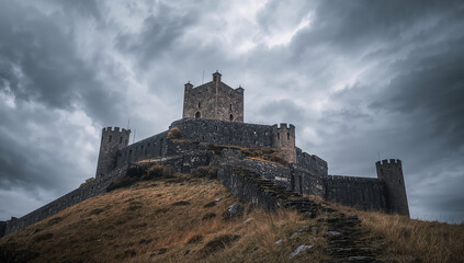 Fototapeta premium Dramatic view of a medieval castle on a hilltop under a stormy sky