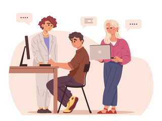 Three office workers collaborating with laptop and desktop, cartoon style on light background. Concept of teamwork and workplace communication. Vector illustration