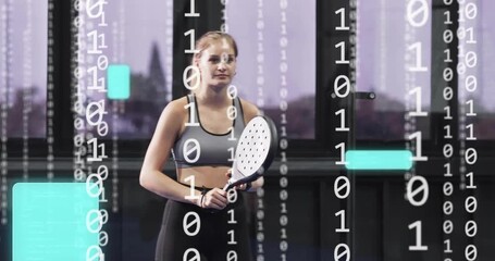 Athlete shifting racket and activating data blocks as partner retrieving ball during padel training - Powered by Adobe