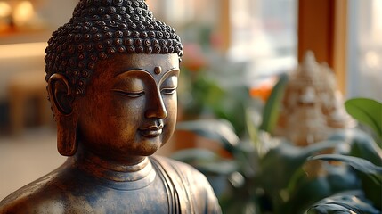 Bronze Buddha statue with serene expression.