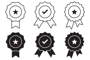 badge with ribbon icon set, approved or verified medal icon. Certified badge symbol, quality sign – stock vector. Award ribbon star icon symbol, premium quality icon sign - medal, prize, badge, 