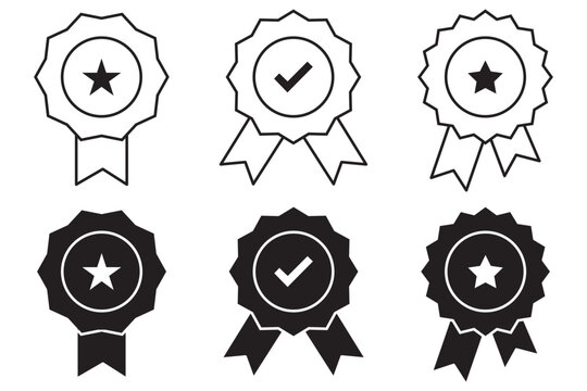 badge with ribbon icon set, approved or verified medal icon. Certified badge symbol, quality sign – stock vector. Award ribbon star icon symbol, premium quality icon sign - medal, prize, badge, 