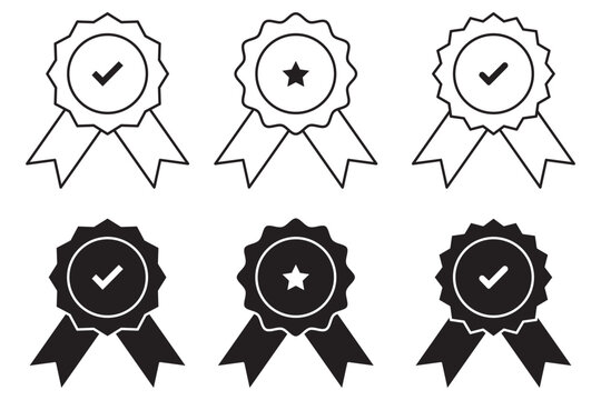 badge with ribbon icon set, approved or verified medal icon. Certified badge symbol, quality sign – stock vector. Award ribbon star icon symbol, premium quality icon sign - medal, prize, badge,  - Powered by Adobe