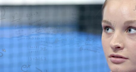 Female athlete scanning tennis net as floating equations guiding play strategy in tech training