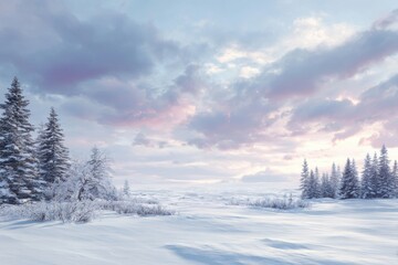 Obraz premium Serene winter landscape with snowy plains and pastel skies showcasing tranquil beauty and peaceful atmosphere