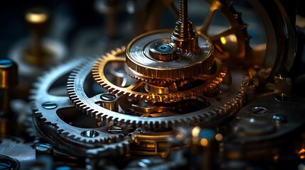 Closeup of Detailed Watch Gears with Mechanical Parts, and Macro View.