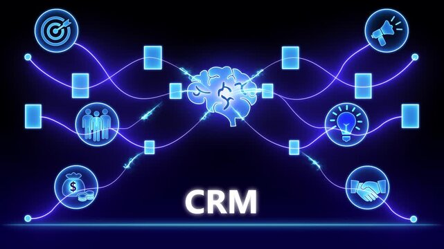 Blue Neon Brain Network with Business Icons and CRM Acronym on Dark Background mind connection