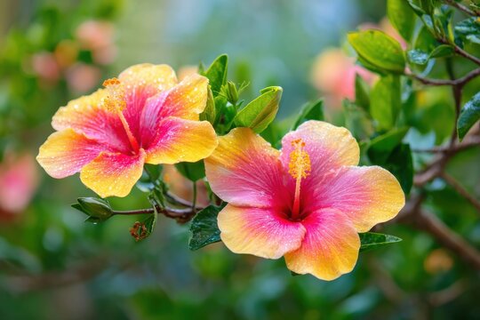 Vibrant hibiscus blooms adorned with water droplets, showcasing vivid pink to yellow petals against lush green leaves for a bright, picturesque aesthetic