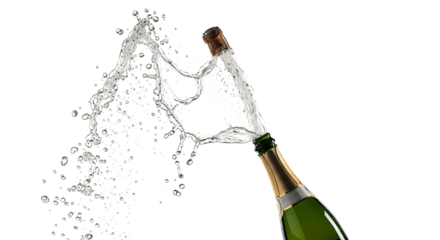 Closeup of a champagne bottle being opened, with the cork flying out and the bubbly liquid spraying out in all directions, isolated on transparent background celebratory and festive atmosphere