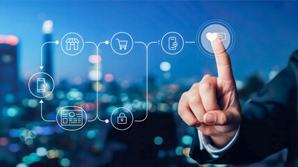 Finger touching digital icons for online shopping and communication