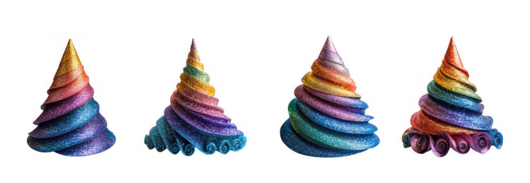 Four colorful, glittery, conical party hats with a rainbow swirl design isolated on transparent background