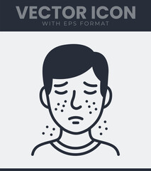 Human head vector icon showing skin problems, acne, rash, irritation, and discomfort unhappy expression, sad face line art for health issues and dermatology concepts
