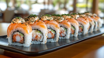 Delicious Salmon Sushi Rolls on Black Plate  Japanese Food.