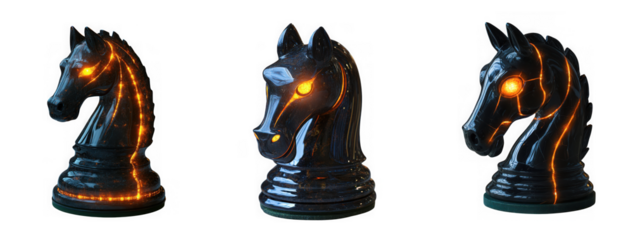 Three black chess knight pieces with glowing orange cracks, isolated on transparent background