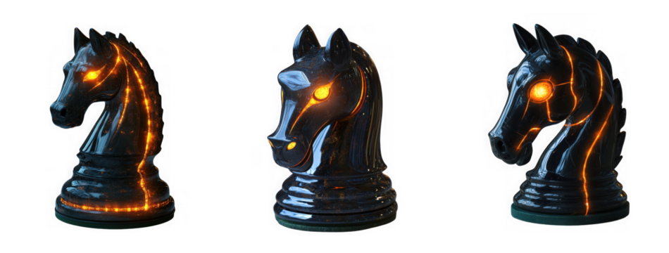 Three black chess knight pieces with glowing orange cracks, isolated on transparent background
