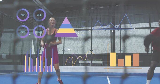 Man initiating high lob woman volleying retrieving pickleball animated data charts showing rally