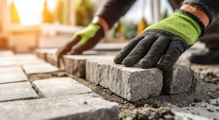 A worker is laying paver stones.
