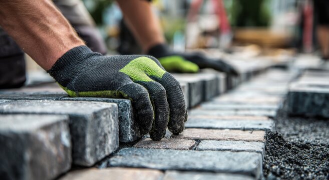 A worker is laying paver stones.