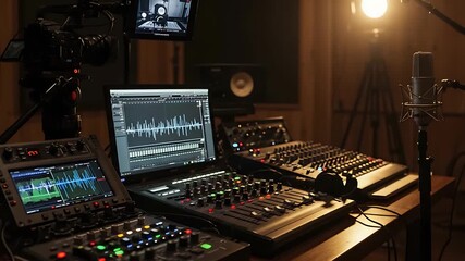 Professional audio recording studio with mixing consoles and microphone set up, sound design and - Powered by Adobe