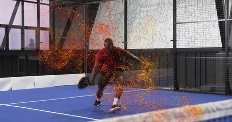 Padel player sprinting then hitting incoming ball to return shot and spawning swirling orange dust