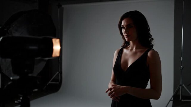 A woman poses in a studio, illuminated by a professional photography light and softbox