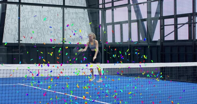 Incoming ball driving athlete swinging forehand, shifting for backhand in sports demo amid confetti