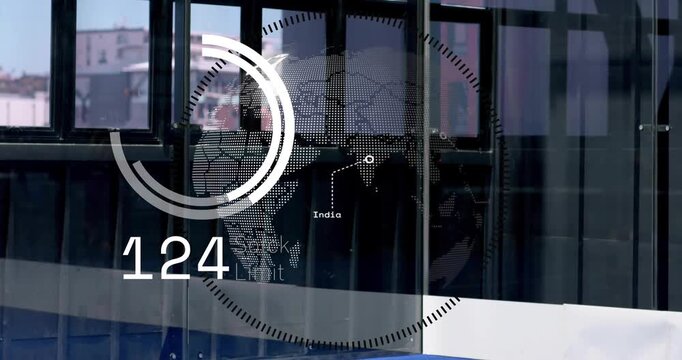 Emerging tech globe and bars tracking stock limit guiding male athlete bouncing ball and shuffling