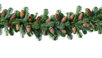 A festive garland of pine needles and pine cones arranged horizontally on a black background